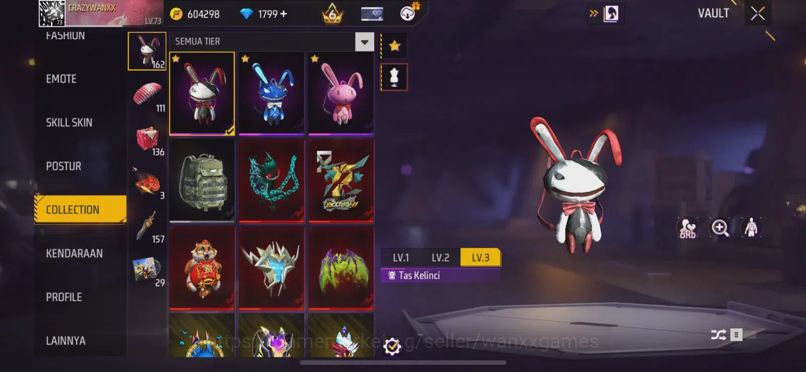 Free Fire Accounts Indonesia | LEVEL AKUN 73, ARTIFAK 5, MAKS 3, FASHION 722, S1, EMOTE LAMA 93, ANIMASI 6, TAS 162, SENJATA 10