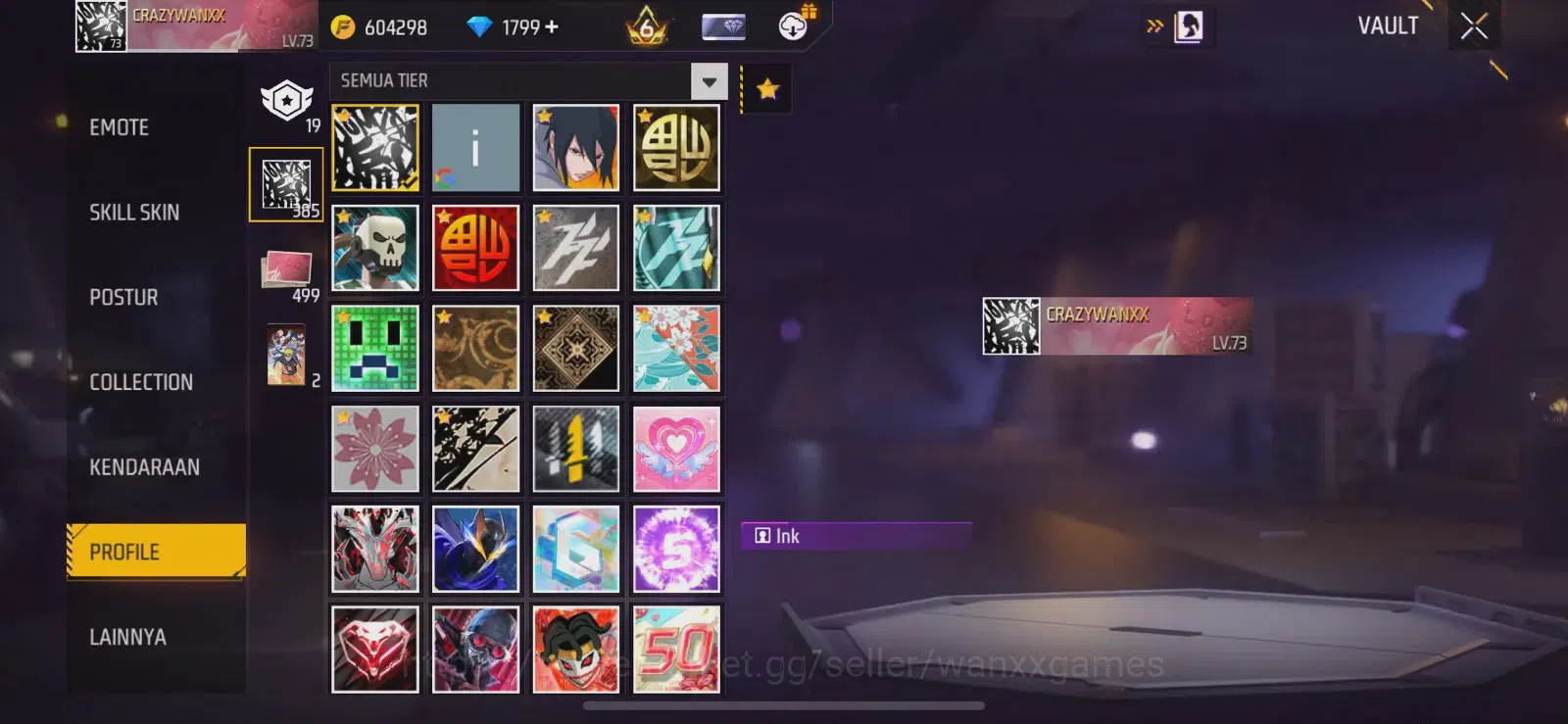 Free Fire Accounts Indonesia | LEVEL AKUN 73, ARTIFAK 5, MAKS 3, FASHION 722, S1, EMOTE LAMA 93, ANIMASI 6, TAS 162, SENJATA 12