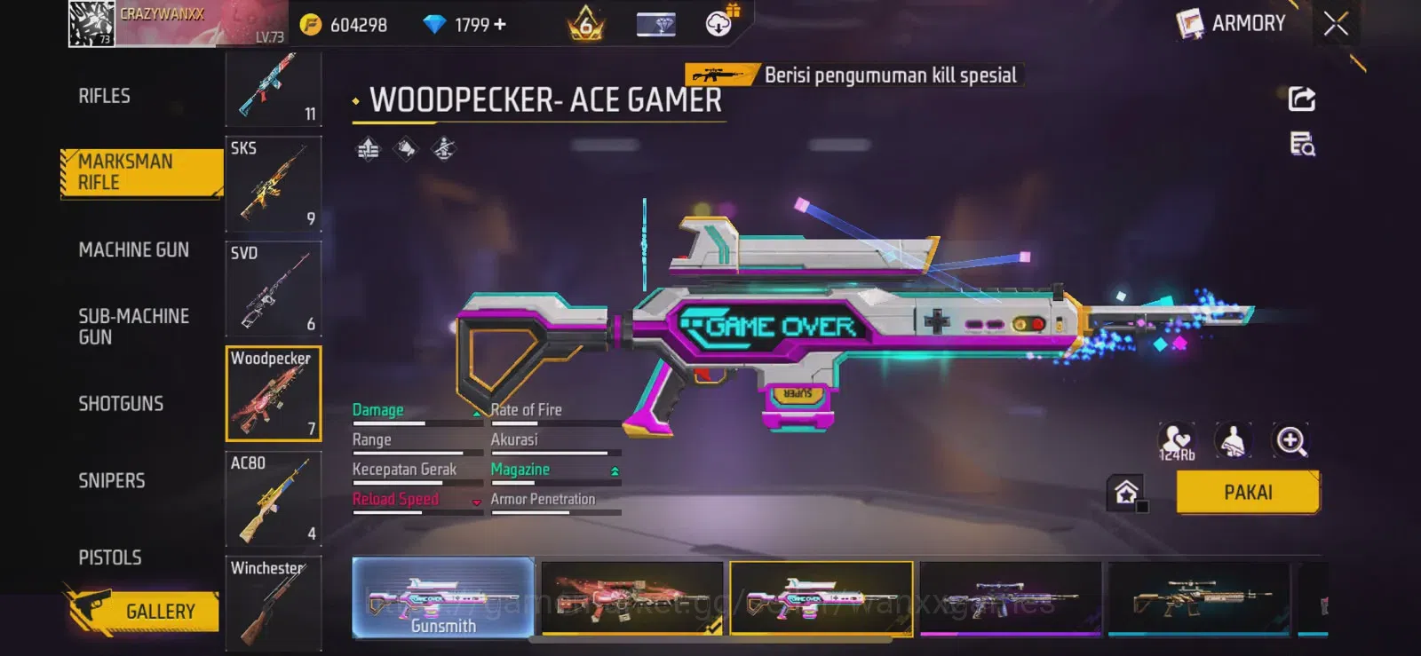 Free Fire Accounts Indonesia | LEVEL AKUN 73, ARTIFAK 5, MAKS 3, FASHION 722, S1, EMOTE LAMA 93, ANIMASI 6, TAS 162, SENJATA 15