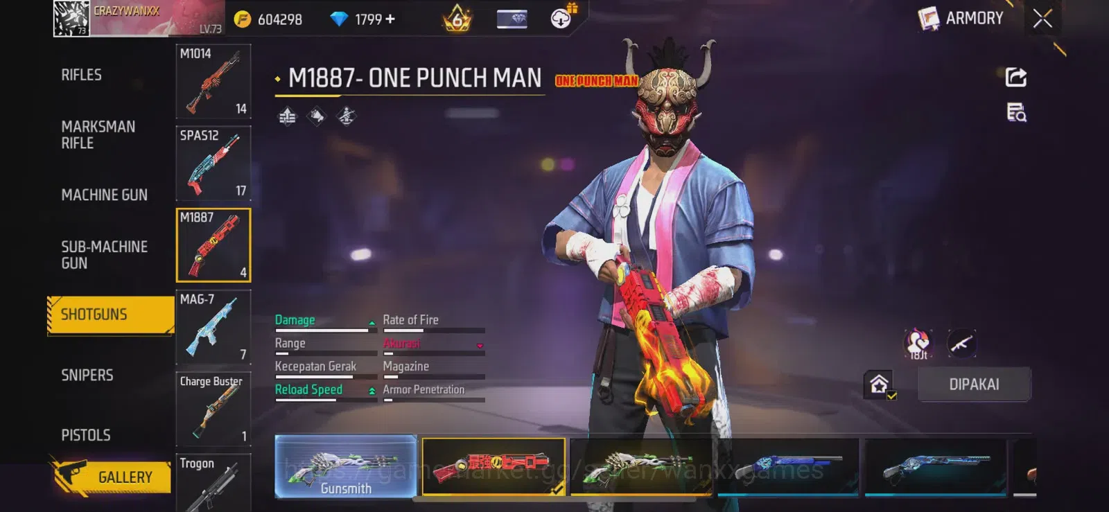 Free Fire Accounts Indonesia | LEVEL AKUN 73, ARTIFAK 5, MAKS 3, FASHION 722, S1, EMOTE LAMA 93, ANIMASI 6, TAS 162, SENJATA 17