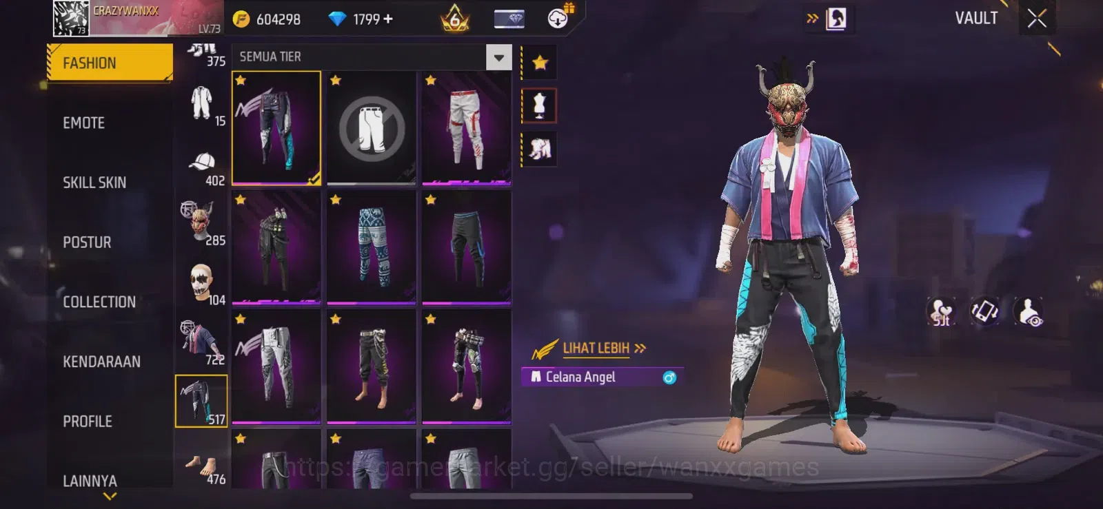 Free Fire Accounts Indonesia | LEVEL AKUN 73, ARTIFAK 5, MAKS 3, FASHION 722, S1, EMOTE LAMA 93, ANIMASI 6, TAS 162, SENJATA 18