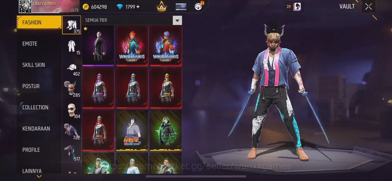 Free Fire Accounts Indonesia | LEVEL AKUN 73, ARTIFAK 5, MAKS 3, FASHION 722, S1, EMOTE LAMA 93, ANIMASI 6, TAS 162, SENJATA 2