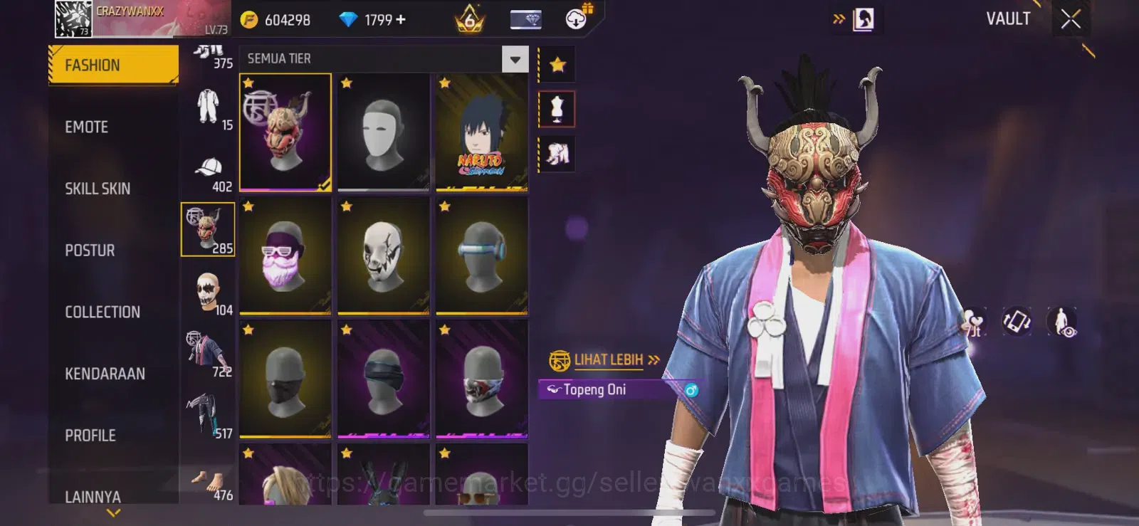 Free Fire Accounts Indonesia | LEVEL AKUN 73, ARTIFAK 5, MAKS 3, FASHION 722, S1, EMOTE LAMA 93, ANIMASI 6, TAS 162, SENJATA 3