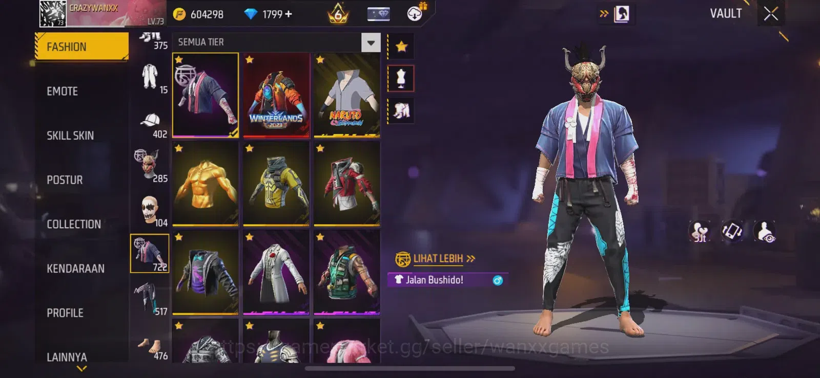 Free Fire Accounts Indonesia | LEVEL AKUN 73, ARTIFAK 5, MAKS 3, FASHION 722, S1, EMOTE LAMA 93, ANIMASI 6, TAS 162, SENJATA 4