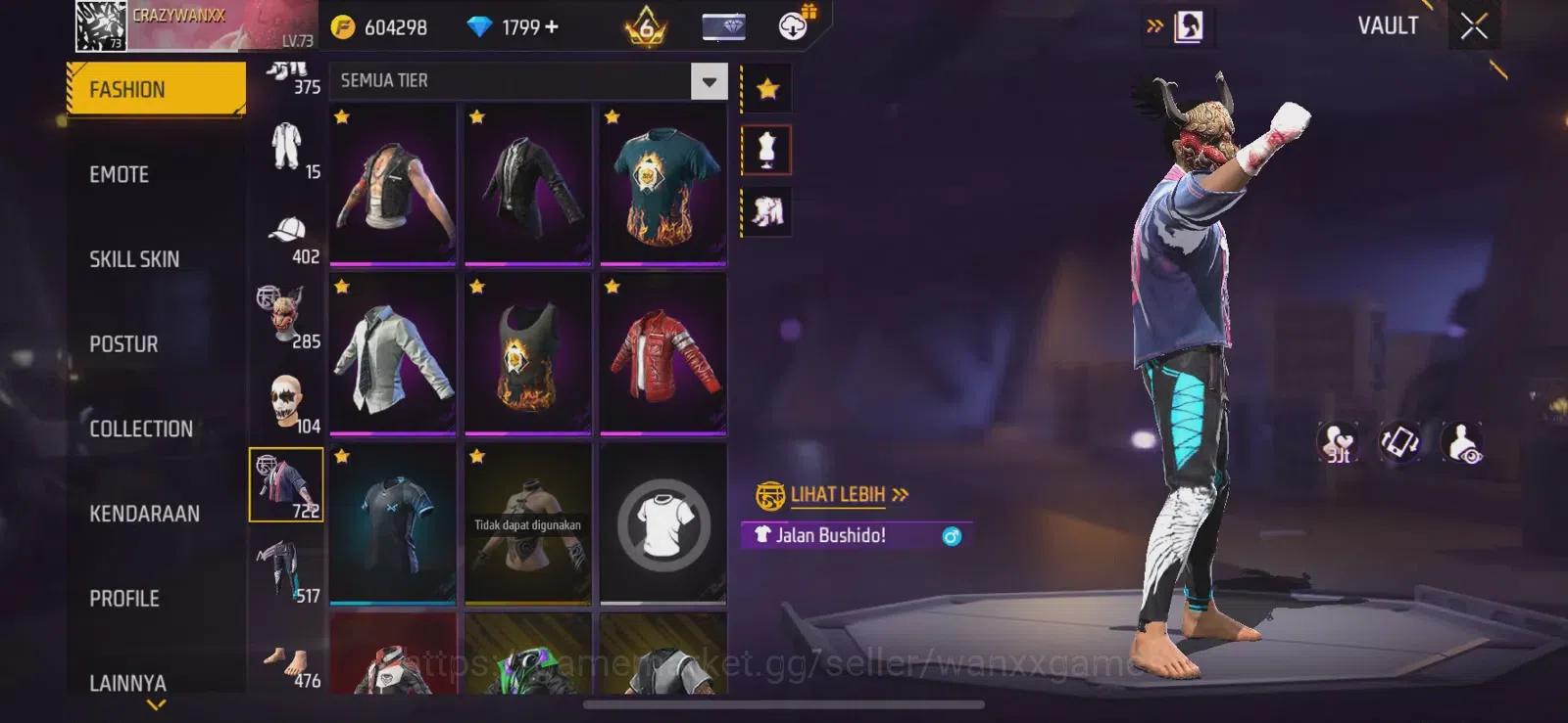 Free Fire Accounts Indonesia | LEVEL AKUN 73, ARTIFAK 5, MAKS 3, FASHION 722, S1, EMOTE LAMA 93, ANIMASI 6, TAS 162, SENJATA 5