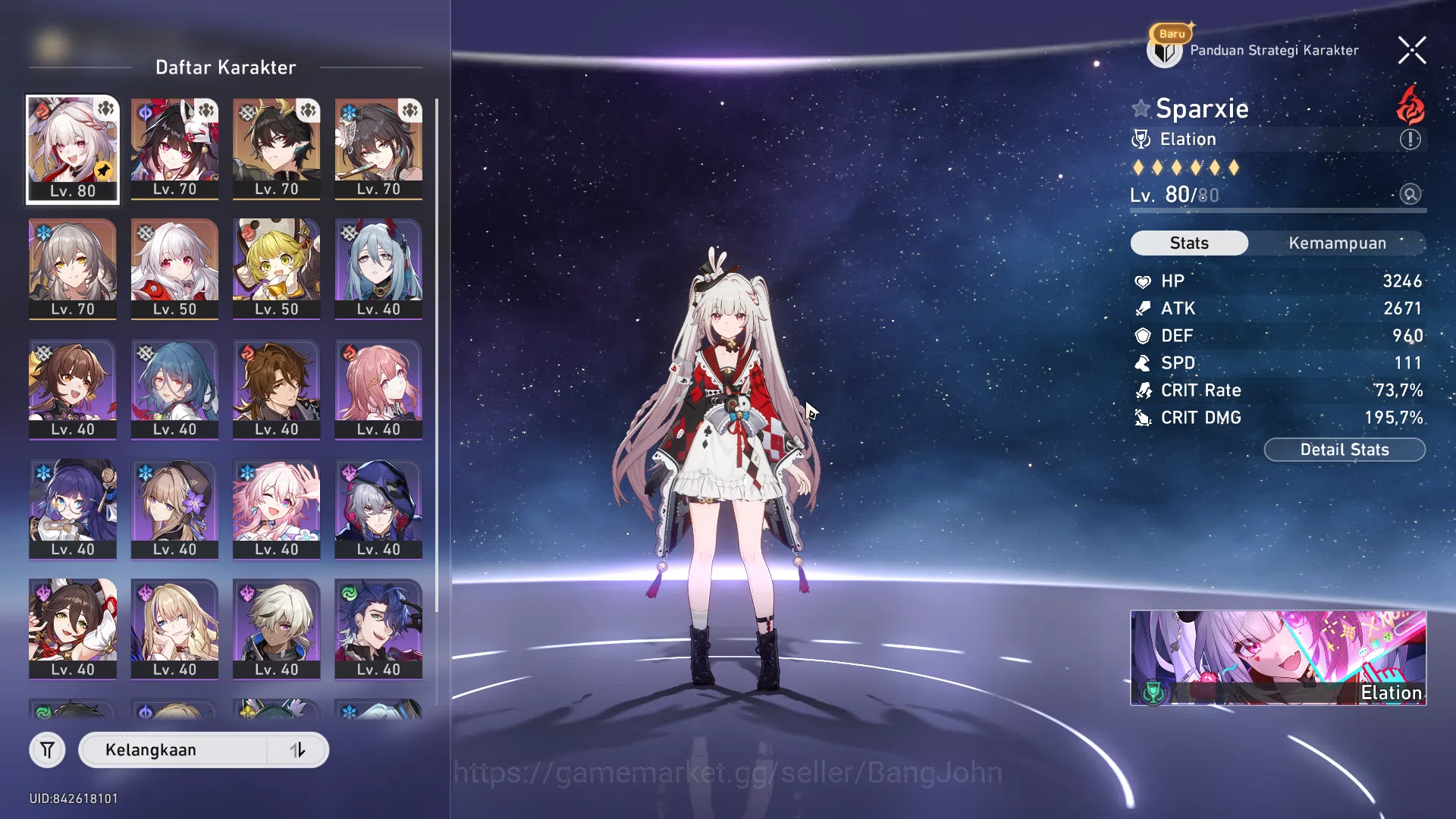 Honkai Star Rail Accounts Others ASIA | Sparxie E2 Sign | Premium Elation Team | MC Female | TL 60 | 2