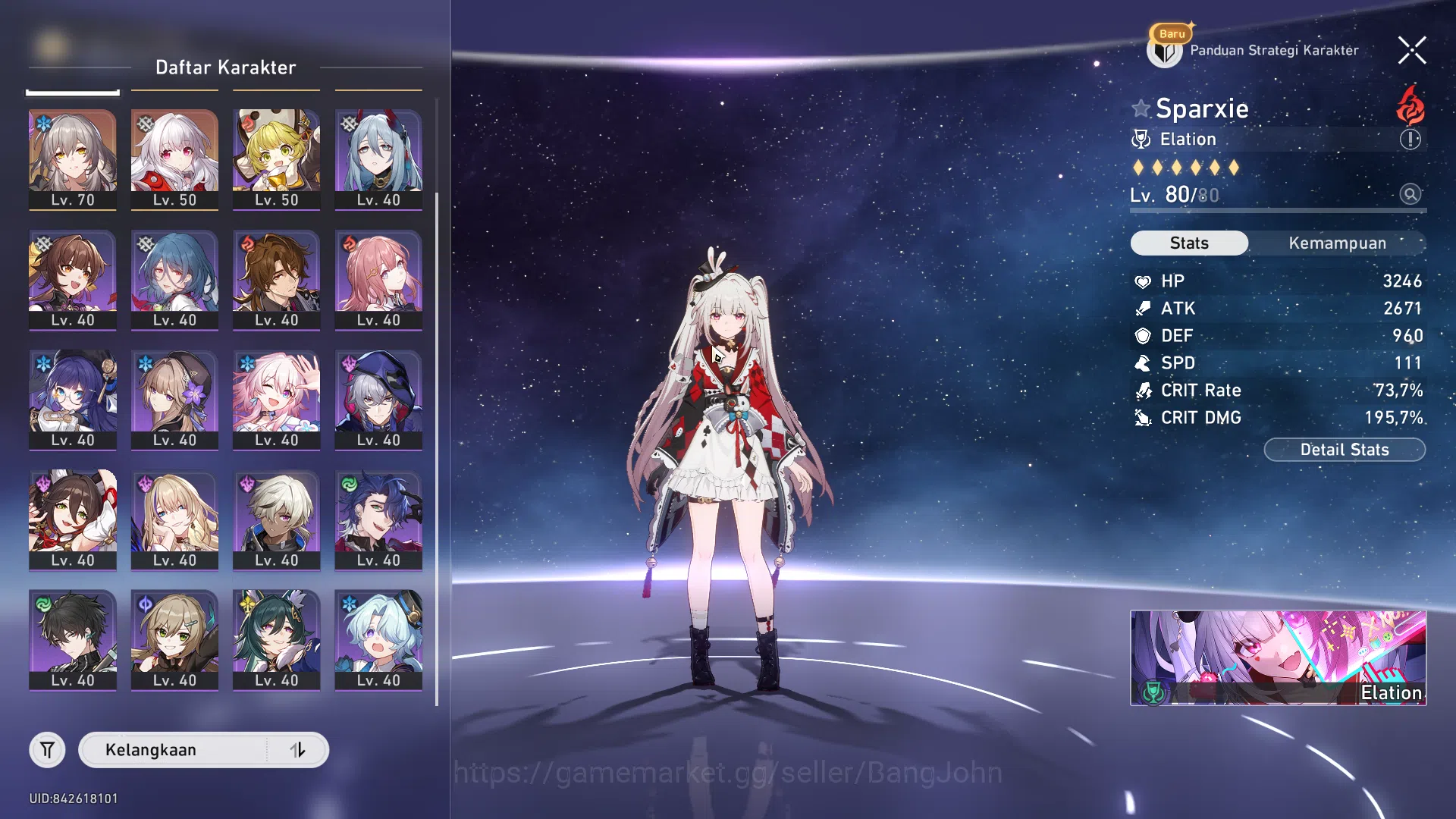 Honkai Star Rail Accounts Others ASIA | Sparxie E2 Sign | Premium Elation Team | MC Female | TL 60 | 3