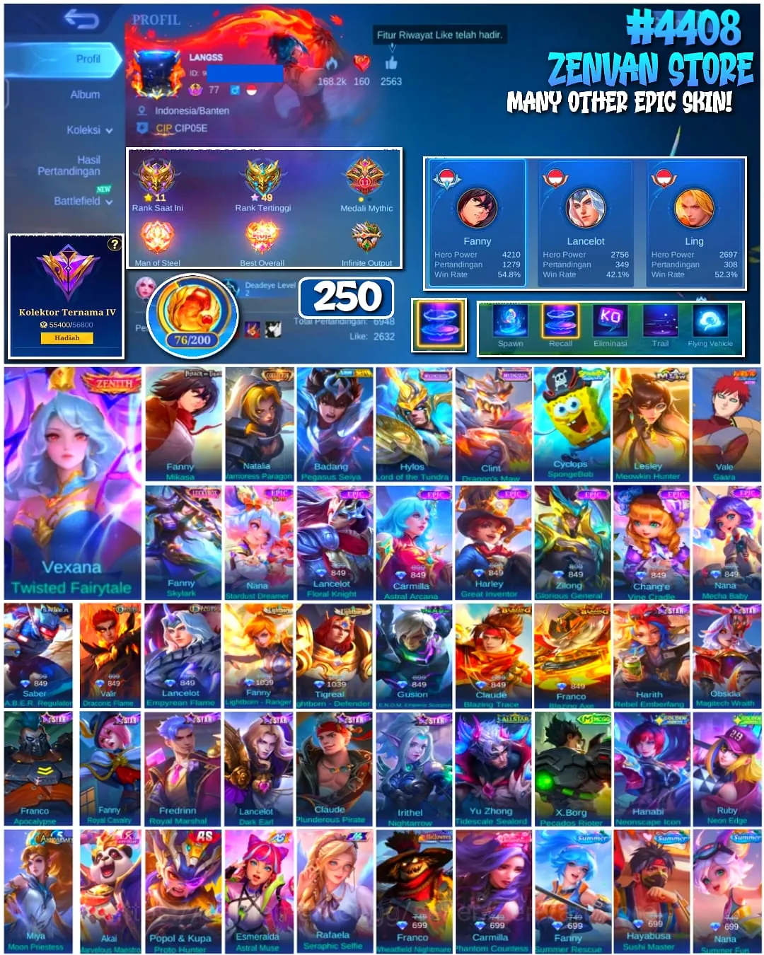 Mobile Legends: Bang Bang Accounts #4408 250 Skins | Vexana Twisted Fairytale (ZENITH) | Fanny Mikasa (ATTACK ON TITAN 1