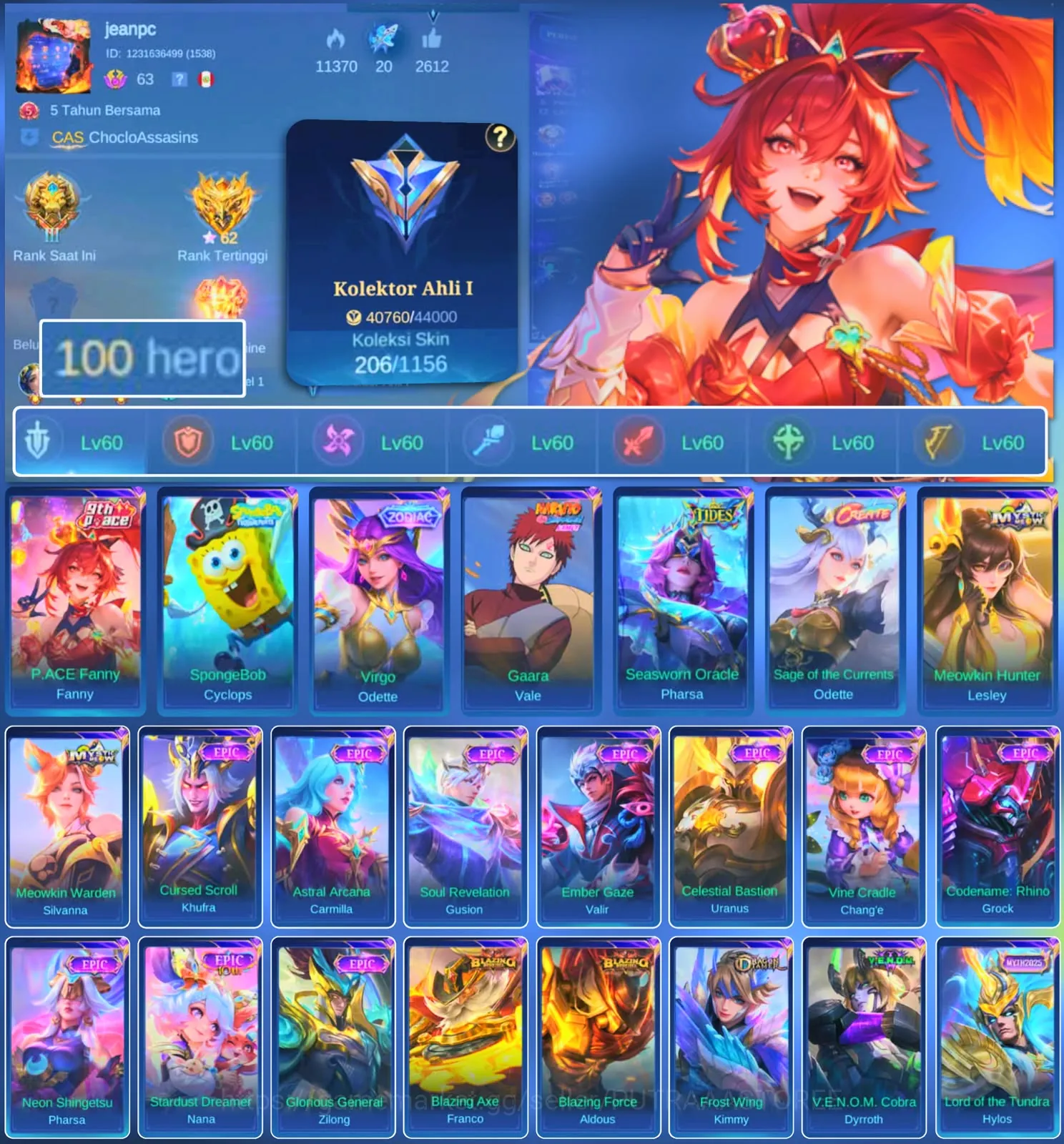 Mobile Legends: Bang Bang Accounts Others HERO 100 SKIN 206 | EMBLEM ALL MAX| PACE FANNY| CYPLOPS SPOBENGEBOB| ZODIAK 1