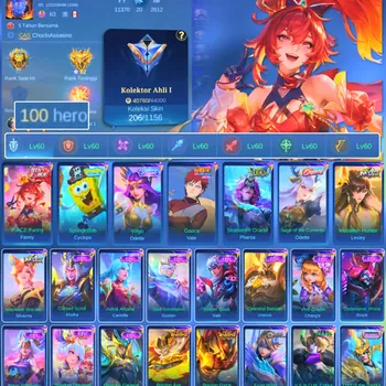 Mobile Legends: Bang Bang Accounts Others HERO 100 SKIN 206 | EMBLEM ALL MAX| PACE FANNY| CYPLOPS SPOBENGEBOB| ZODIAK