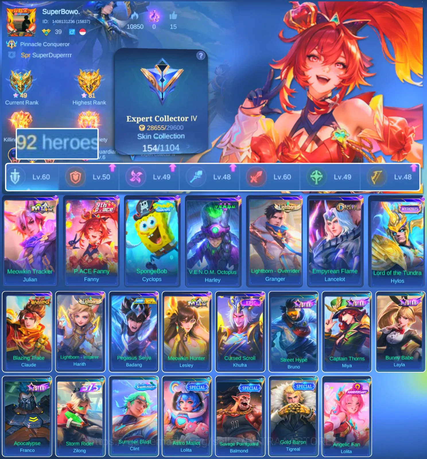 Mobile Legends: Bang Bang Accounts HERO 92 SKIN 154 | EMBLEM GOOD | PACE FANNY| EPIC image 1