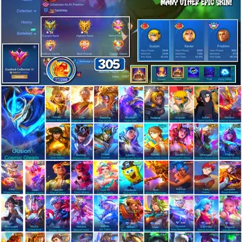 Mobile Legends: Bang Bang Accounts 🔥 #3990 🔥 305 Skins 💎 Exalted Collector IV 👑 Legend Skin ⚔️ Naruto Minato Gusion