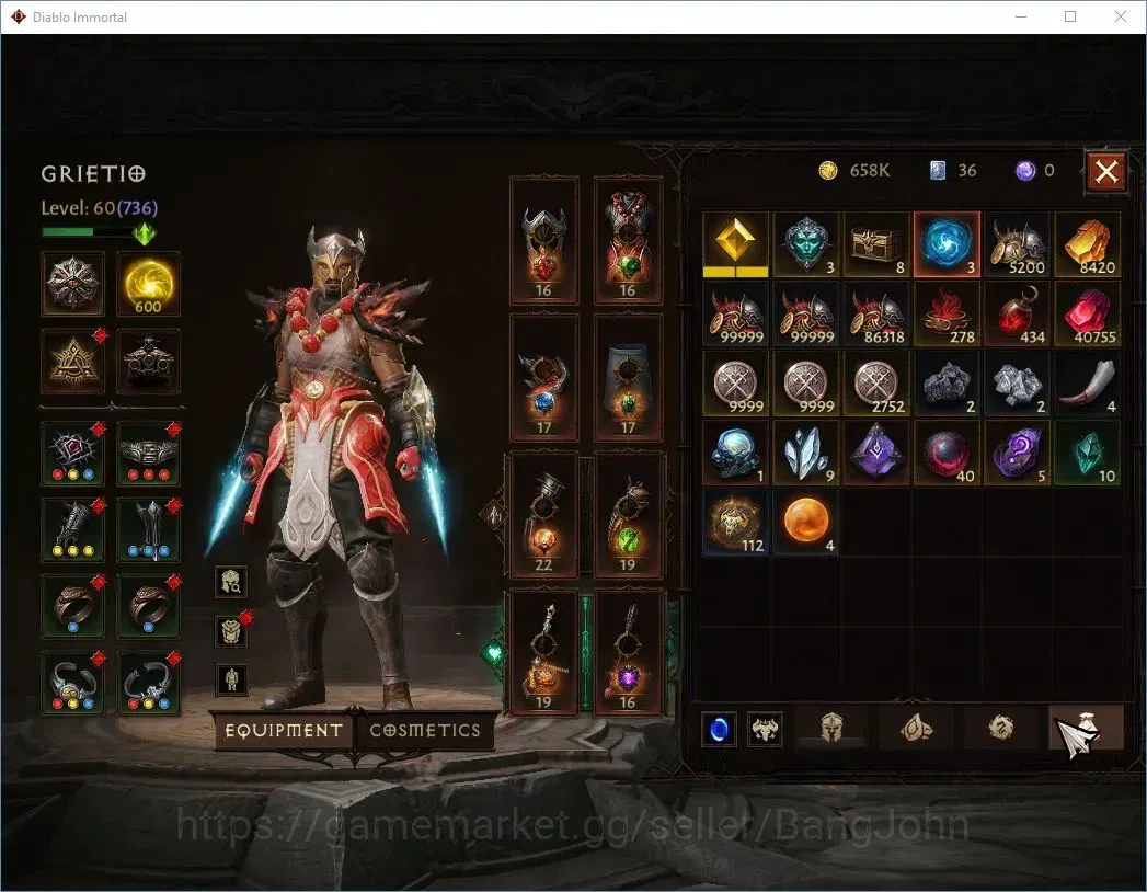 Diablo Immortal Accounts High-End SEA - ANU |60 (736) Monk-Vanquisher|CR 42k|Reso 600|Inferno IV|Varog Lv 30 (4*)|CS 10