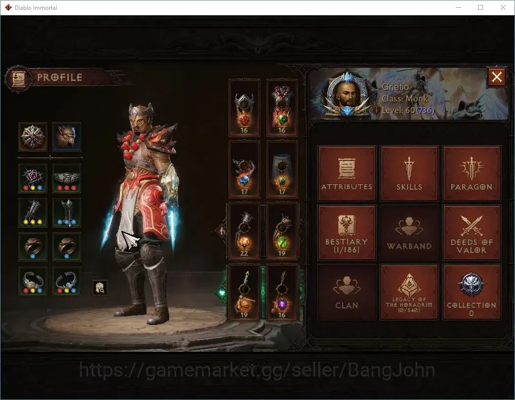 Diablo Immortal Accounts High-End SEA - ANU |60 (736) Monk-Vanquisher|CR 42k|Reso 600|Inferno IV|Varog Lv 30 (4*)|CS 2