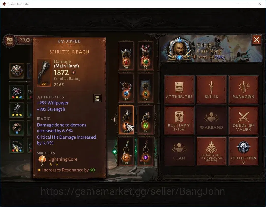 Diablo Immortal Accounts High-End SEA - ANU |60 (736) Monk-Vanquisher|CR 42k|Reso 600|Inferno IV|Varog Lv 30 (4*)|CS 5