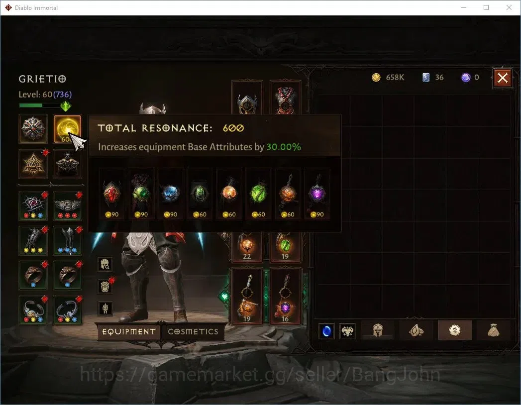 Diablo Immortal Accounts High-End SEA - ANU |60 (736) Monk-Vanquisher|CR 42k|Reso 600|Inferno IV|Varog Lv 30 (4*)|CS 7