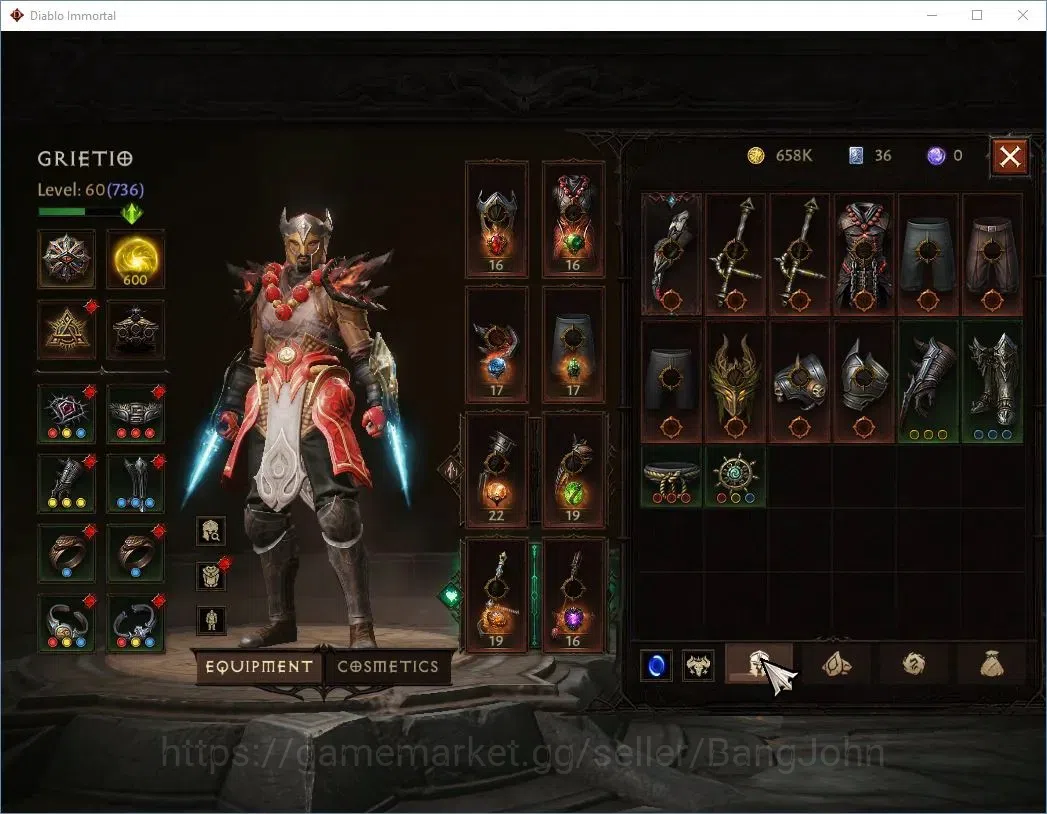 Diablo Immortal Accounts High-End SEA - ANU |60 (736) Monk-Vanquisher|CR 42k|Reso 600|Inferno IV|Varog Lv 30 (4*)|CS 8