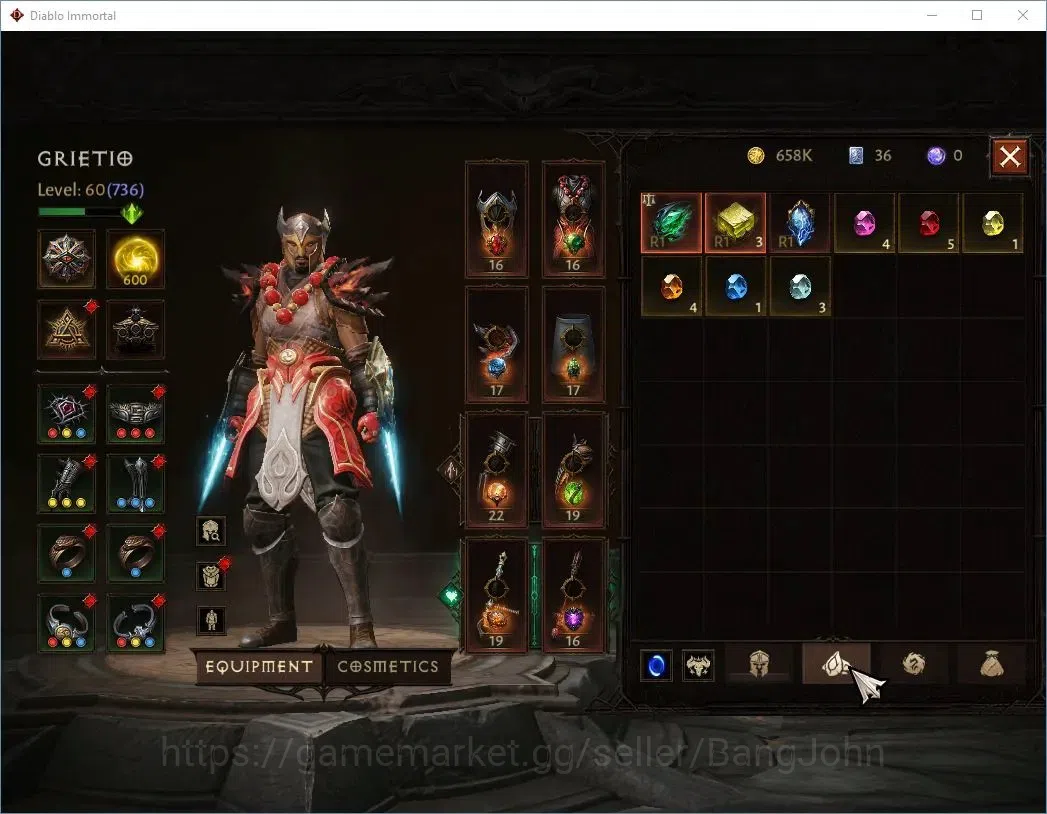 Diablo Immortal Accounts High-End SEA - ANU |60 (736) Monk-Vanquisher|CR 42k|Reso 600|Inferno IV|Varog Lv 30 (4*)|CS 9