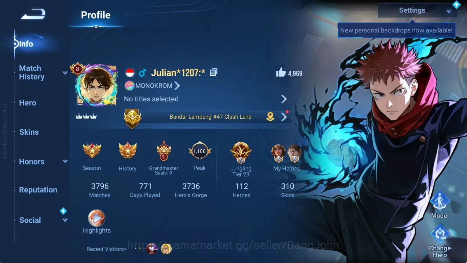 Honor of Kings Accounts Global | 112H 310S | JJK Biron, Bleach Feyd, Bleac image 2