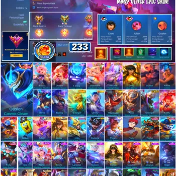 Mobile Legends: Bang Bang Accounts #4760 233 Skins | Gusion Cosmic Gleam (LEGEND) | Chou Libra Shiryu (SAINT SEIYA) | Floryn