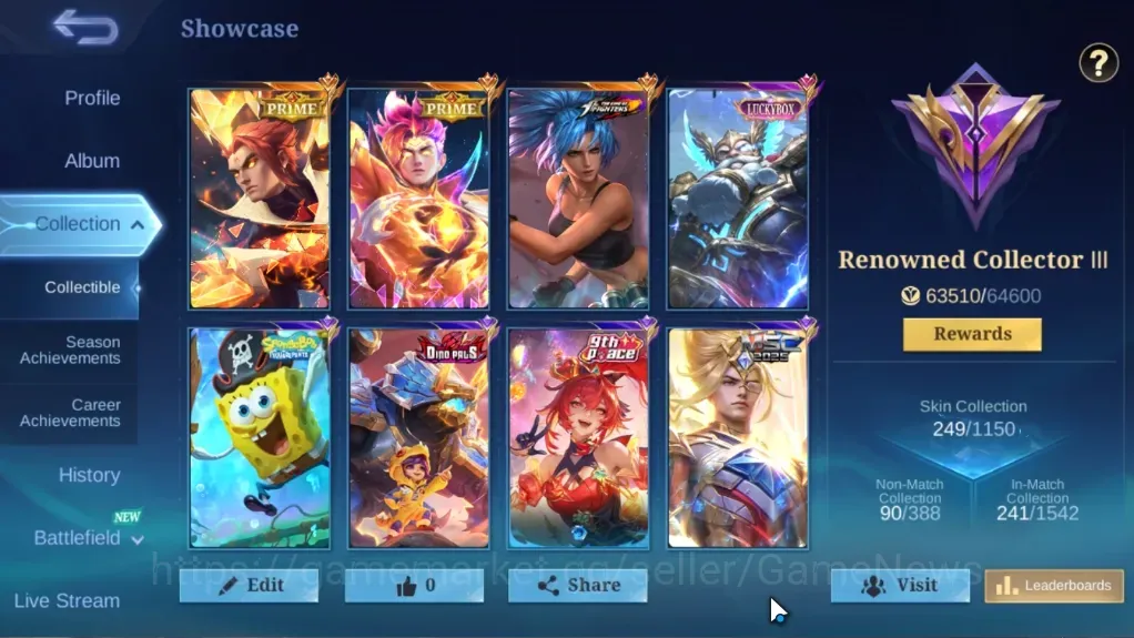 Mobile Legends: Bang Bang Accounts Collector Hero 133|Skin 249|Ex Glory 54|Prime Claude & Yu Zhong,KoF Karina,Luckybox 1