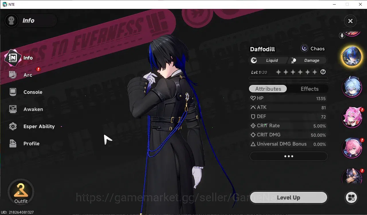 Neverness to Everness Accounts Global EU|HL 4|2 SSR 1 Limit [Shinku + Sign],Daffodill|2 Char Selector|Selector On|Female 4