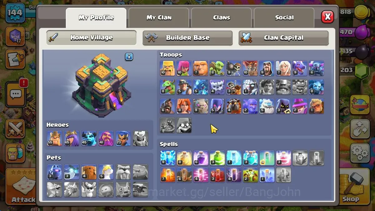 Clash of Clans Accounts High-End TH14-BH7|Lv.144|BK55,AQ65,MP45,GW41,RC23|BM12,BC15|HH8|8 Legendary & 7 Gold Skins|3K 1