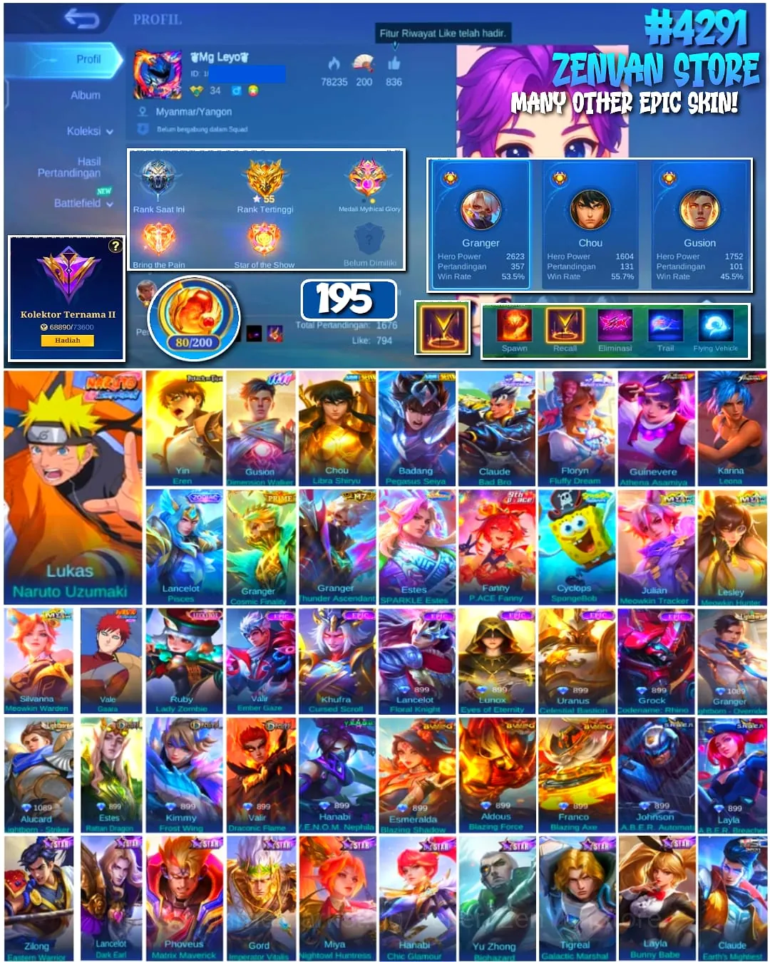 Mobile Legends: Bang Bang Accounts #4291 195 Skins | Lukas Naruto Uzumaki (NARUTO) | Yin Eren (ATTACK ON TITAN) | Vale Gaara 1