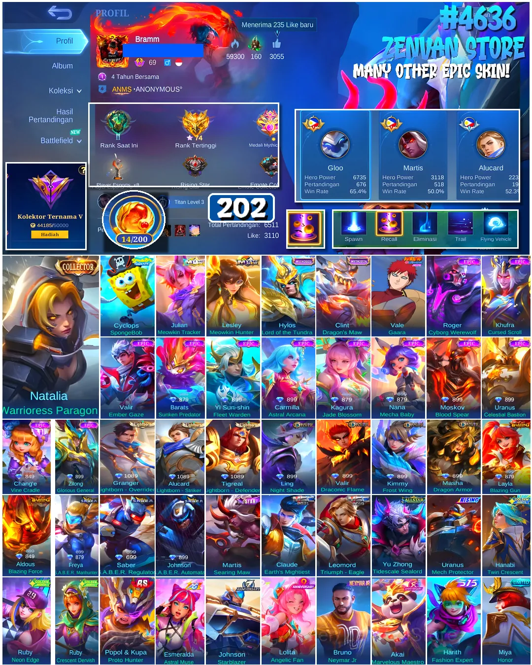 Mobile Legends: Bang Bang Accounts #4636 202 Skins | Cyclops SpongeBob (SPONGEBOB) | Vale Gaara (NARUTO) | Natalia 1