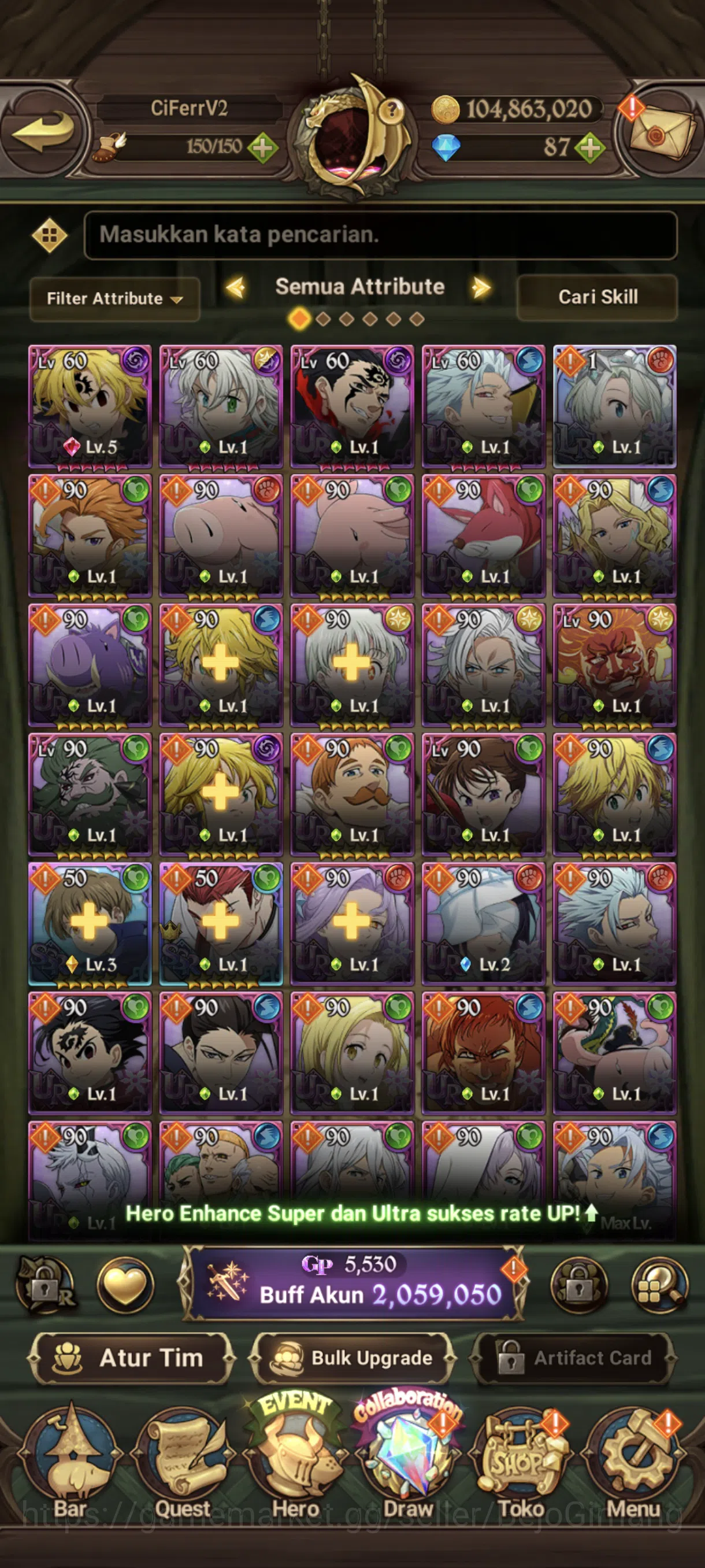 The Seven Deadly Sins: Grand Cross Accounts Midgame Asia CC 2M|87 Diamon Chapter 4|6UR+2LR+1UR Sellector : Nemesis Meliodas 1