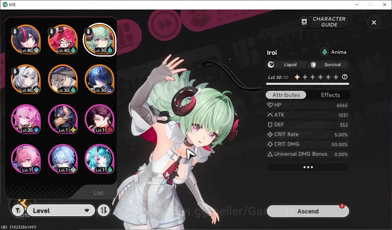 Neverness to Everness Accounts GLOBAL SEA|HL31|TL11|5 SClass 3 Limit(Iroi+Sign,NanallyA1)+Glider,Shinku|2 Selector 1