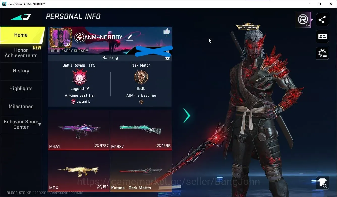 Blood Strike Accounts Others ASIA | 2 ETERNAL:M4A1-Blight's Embrace,M1887-Netherflame|2 Limited|Melee: Katana-DarkMeteer|7 1