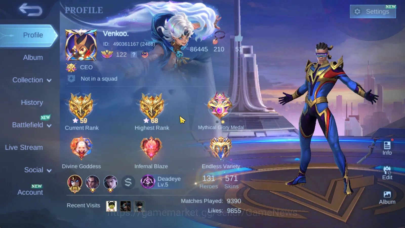 Mobile Legends: Bang Bang Accounts Collector Hero 131|Skin 571|Legend[Valir,Lunox],Dawning Bruno,AllStar Mozkov,3 Aspirant,4 2