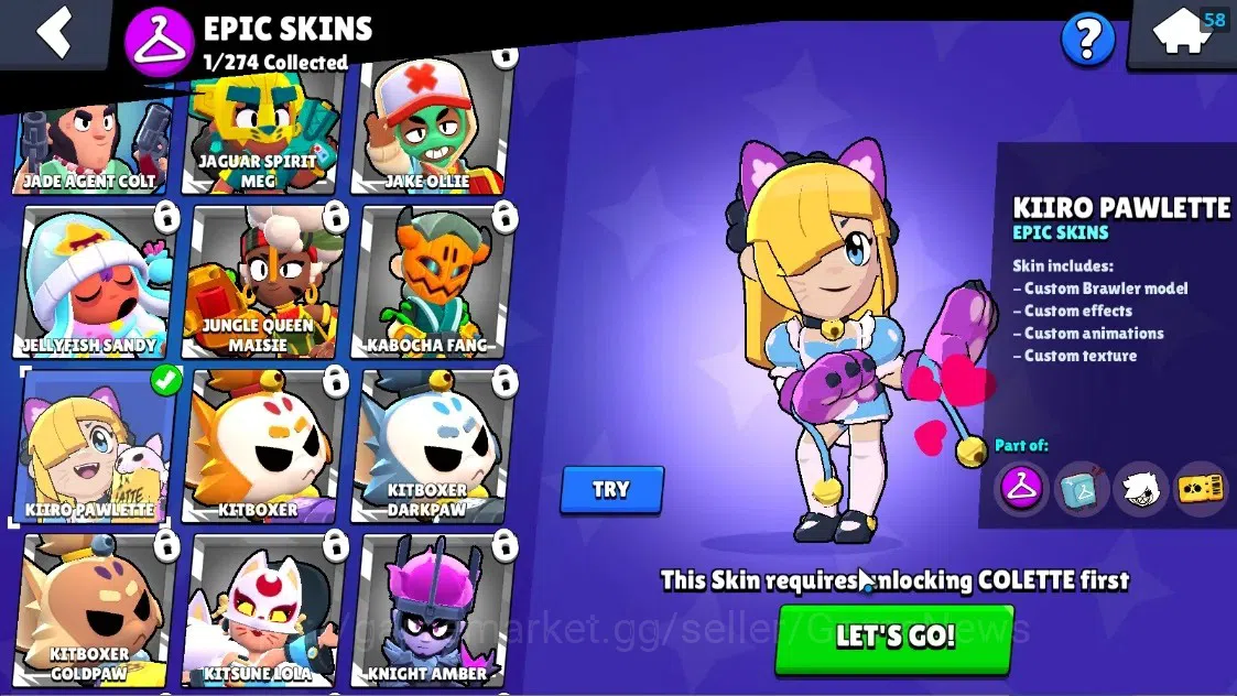 Brawl Stars Accounts 1189 Trophy|17 Brawlers 1 Max Lvl Full Buffies Edgar|6025 Bling|1 Epic Skin(Kiiro Pawlette),1 Rare 10