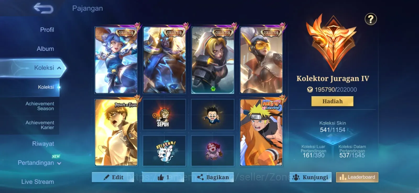Mobile Legends: Bang Bang Accounts Collector Hero 133|Skin 542|HighImmo 114|3 Legend(MIYA+JONSHON+LUNOX),NARUTO,DLL|4 1