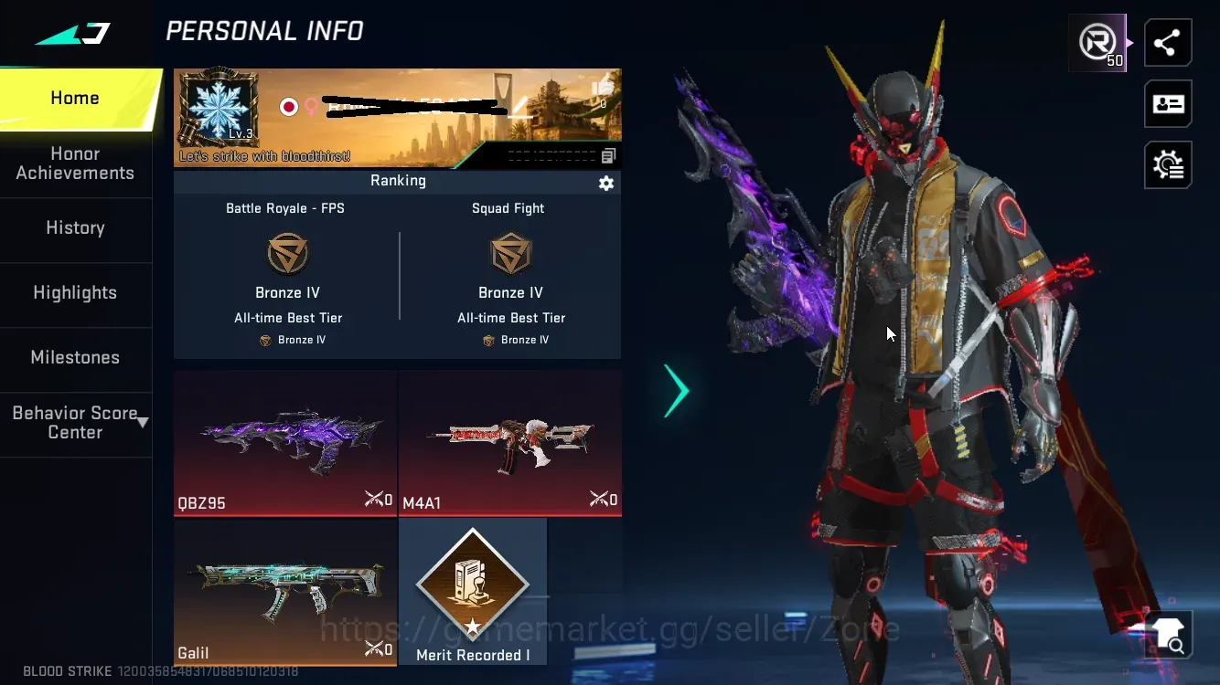 Blood Strike Accounts Collab Skin ASIA|1 eternal:QBZ95-Whisper+Collab-M4A1-BoF,Sedan-OPM|other:Ultra Galil-Knight|extra 1