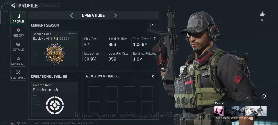 Delta Force Accounts ASIA|OL 53|TA 102,9M(Alloy 90M)|8 Legendary Weapon Skin, 6 Epic|Stash lv4|HQ lv3|CSD Lv4|Check Detail 1