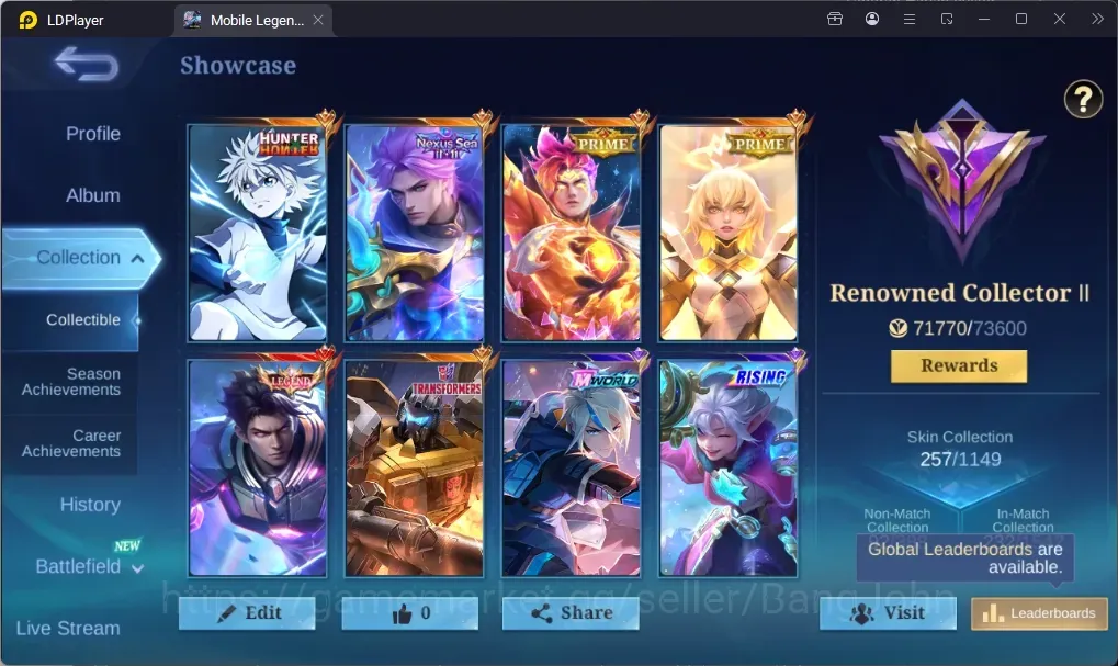Mobile Legends: Bang Bang Accounts Collector Global|257 SC|Collector|Legend Alucard,Transformers Roger,Prime 1