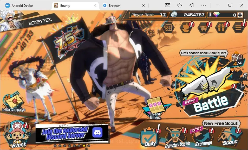 One Piece Bounty Rush Accounts High-End Android |6 EX|5 MAX|PR 17|BP Kuzan Max,GF monkey D.Luffy MAX,TFE St.Ethanbaron 1