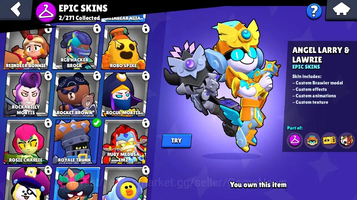 Brawl Stars Accounts 311 Trophy|16 Brawlers 2 Max Lvl|2 Epic Skins [Angel Larry & Lawrie,Royale Trunk]|3K PP|CN 8