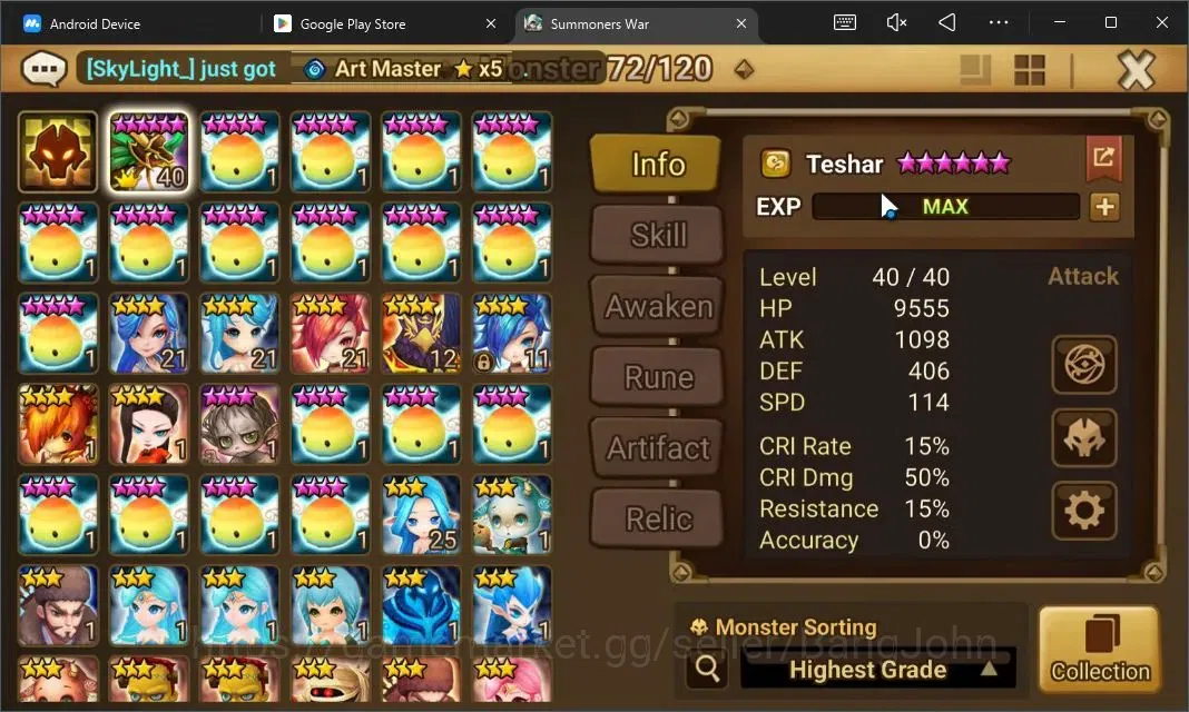 Summoners War: Sky Arena Accounts Starter GLOBAL | NB 5 TESHAR,Starter Gacha 115 12Y+160 11Y Scrool, 3 Legendary All 2