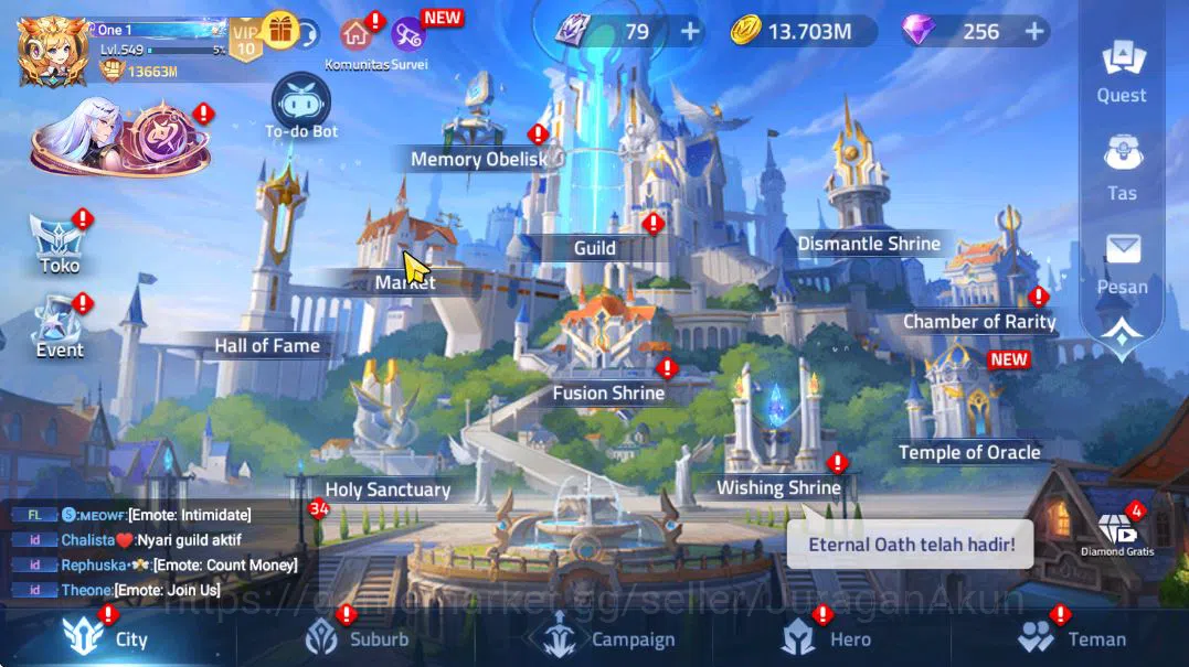 Mobile Legends: Adventure Accounts VIP10|Server 70xxx|Lvl 546|13663M Power|14Epic+53Elite Skin|352 Hero 10UR 7