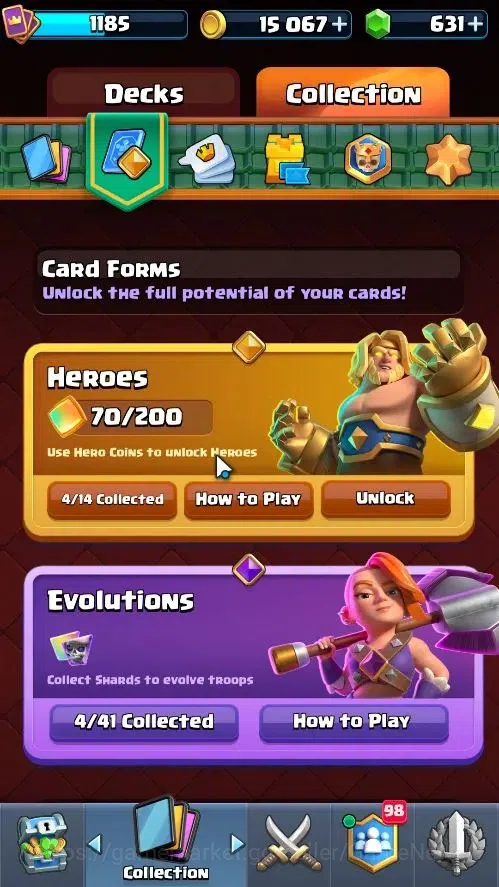 Clash Royale Accounts High-End Lv 1185|Trophy 6305|KTL 11|Card 114|4 Hero 4 EVO 6 Champ 16 Legend 27 Epic 30 Rare 35 Common 9