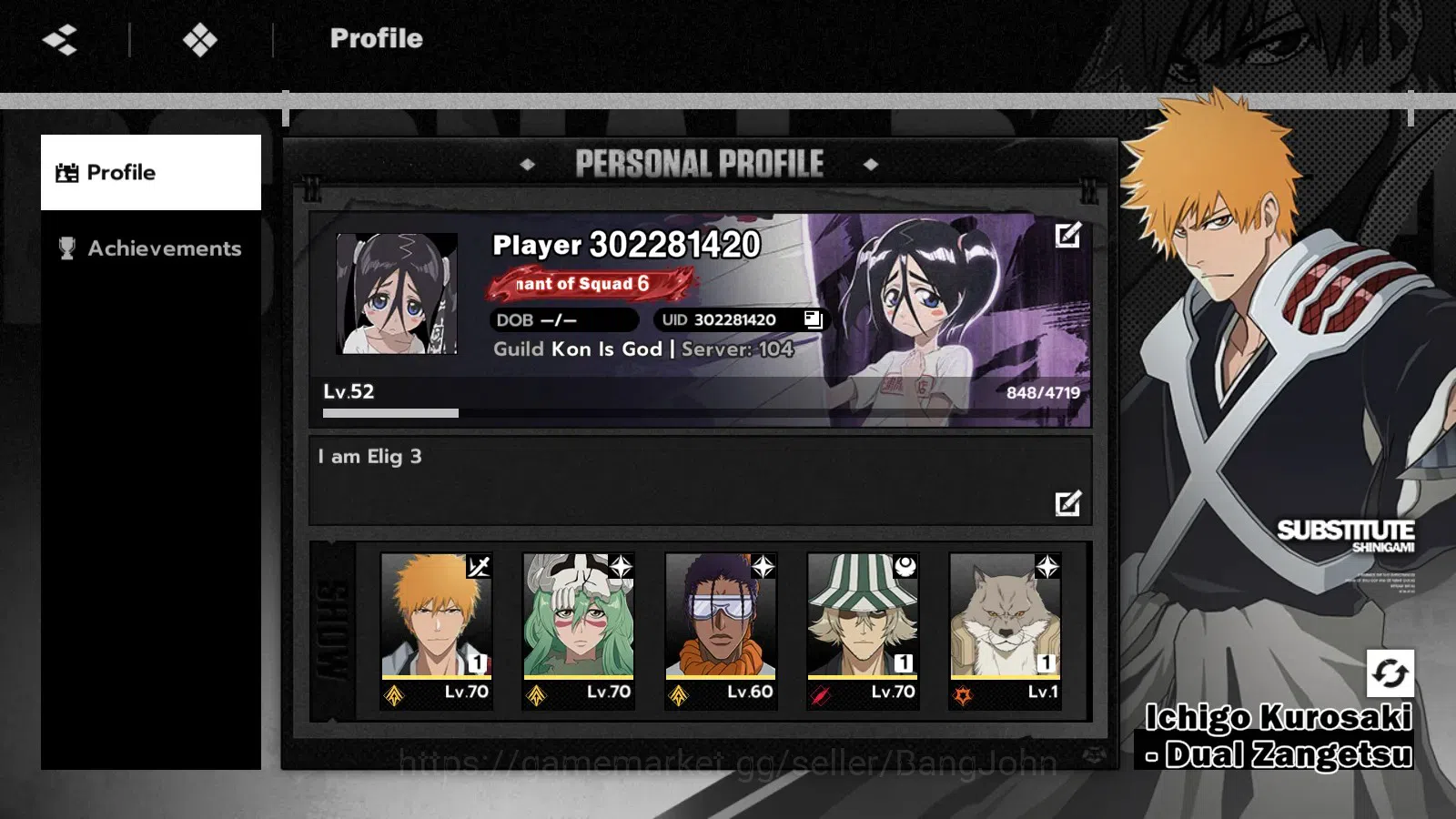 BLEACH: Soul Resonance Accounts Nuverse SEA|Lv 52|6 SSR 3 Sign|Ichigo DZ B1,Nelliel,Urahara B1)+Stamp,Komamura 1