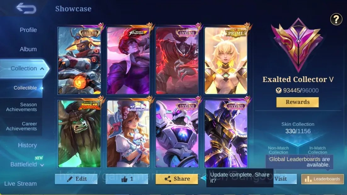 Mobile Legends: Bang Bang Accounts Collector Global|138H 330S|Exalted|Collector YSS|KOF Chou|Prime Beatrix|Luckybox 1