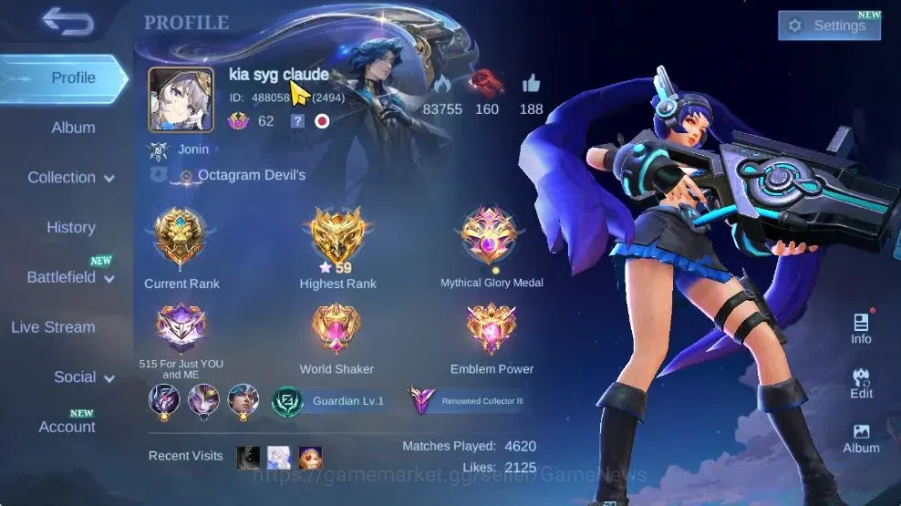 Mobile Legends: Bang Bang Accounts Collector Hero 118|Skin 265|Higest Glory 59|558 Dm|Roger 1