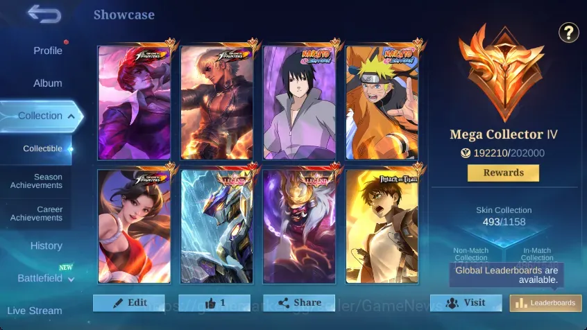 Mobile Legends: Bang Bang Accounts Collector Skin 493|MEGA|Ex Immo 126|Legend(Saber,Franco)|AOT 1