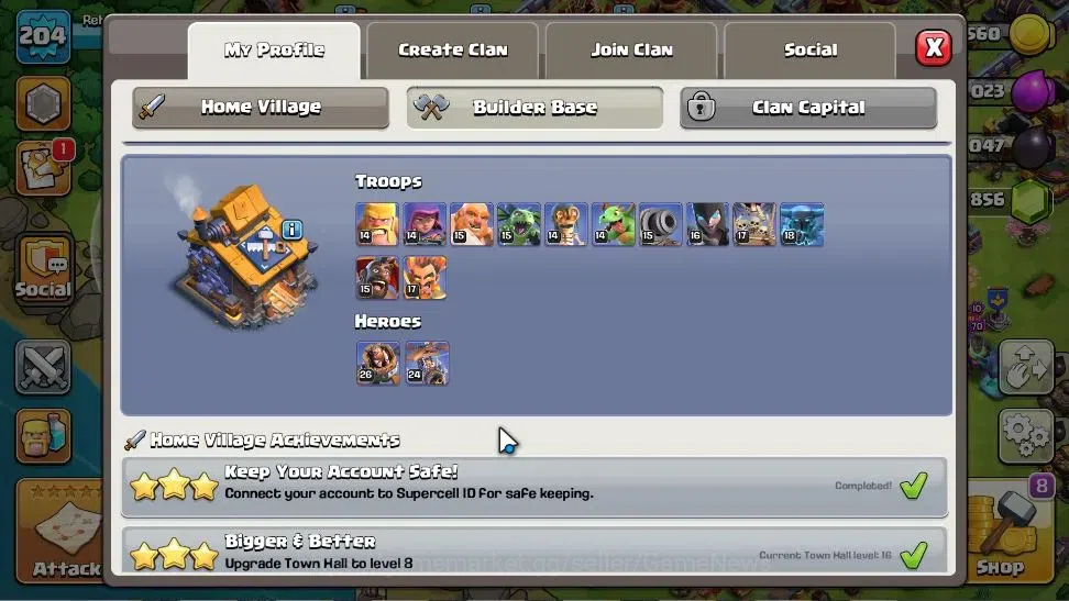 Clash of Clans Accounts High-End LV204|TH16-BH 10|HH 10|LimitedSkin|BK 70 AQ 95 GW 55 MP 60 RC 35 DD 12 BM 26 BC 24|3856 6