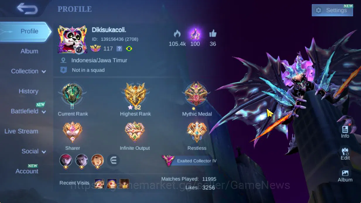 Mobile Legends: Bang Bang Accounts Collector Hero 133|Skin 334|Itachi Julian,KOF Dyroth,Prime(Yu Zhong,Claude,Granger),CC 1