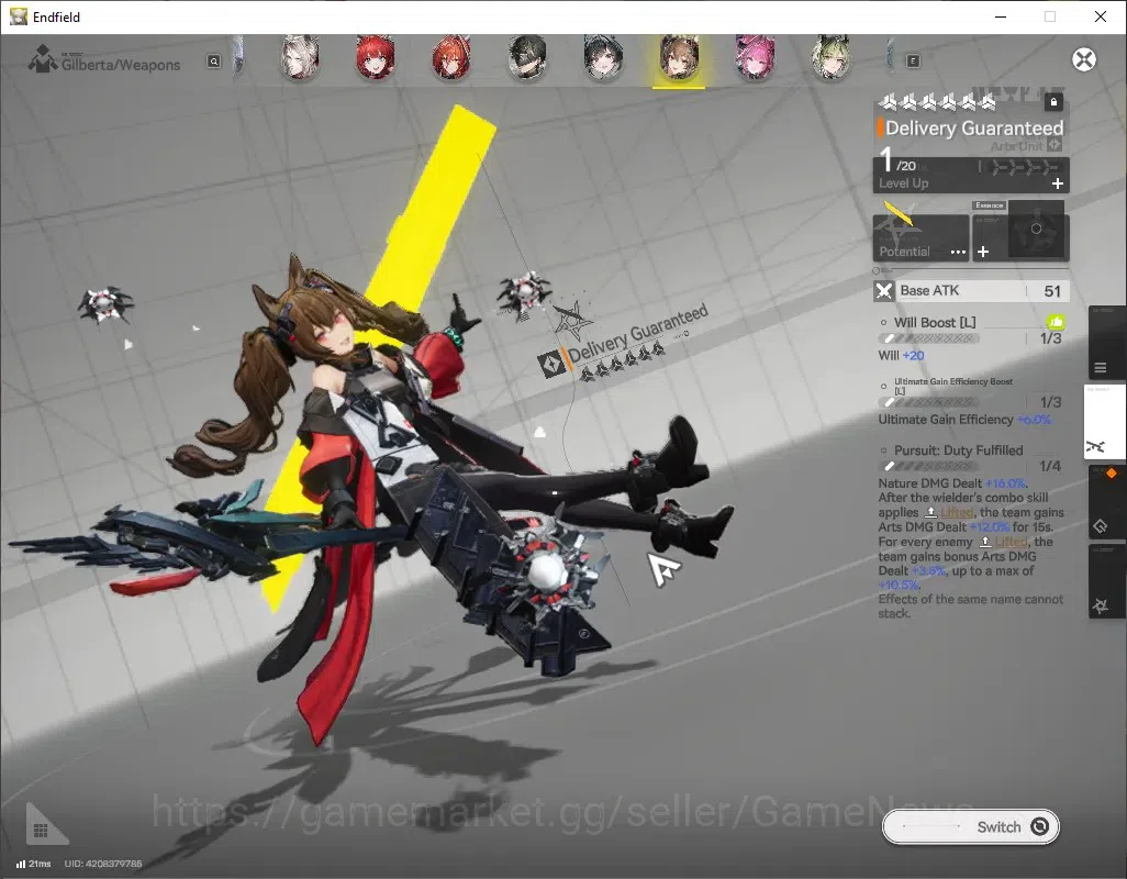 Arknights: Endfield Accounts ASIA|Lv 55|7 SSR (3 Limited) + 11 (*6 Weapon)|[Gilberta,Laevatain,Yvonne] + Signature|2k 8